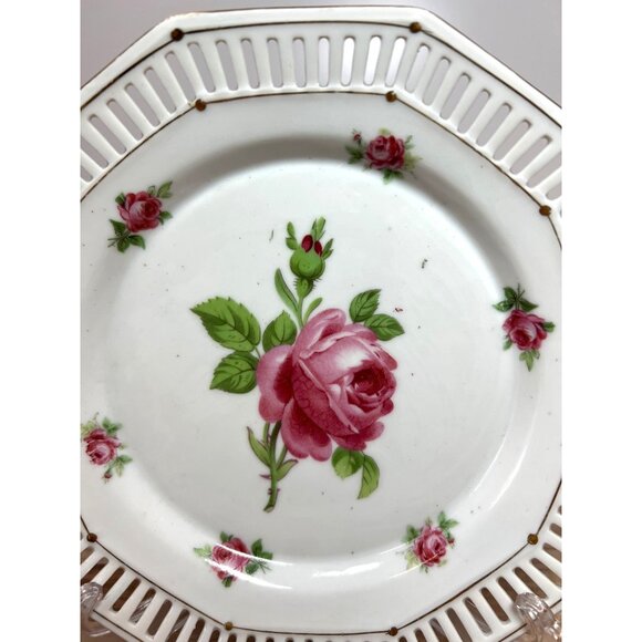 Vintage Schumann Arzberg Bavaria Reticulated Porcelain Plate With Pink Rose - Picture 2 of 3